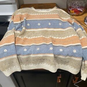 Alfred Dunner Blue and Orange Striped Crewneck Sweater